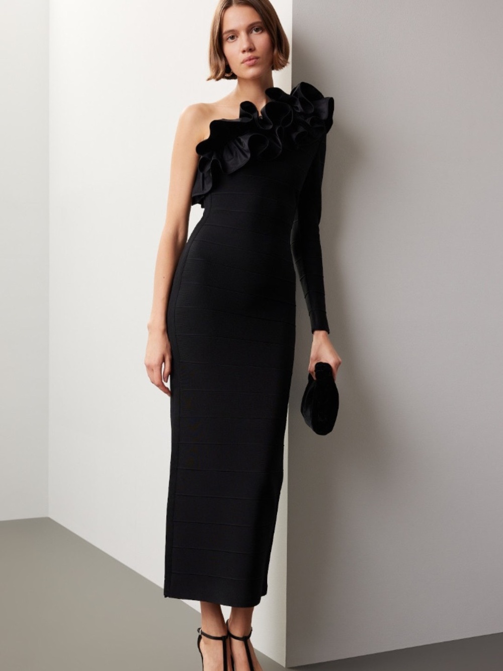 Herve Leger Asymmetrical Ruffle Gown Black One Shoulder Bandage Dress MEDIUM